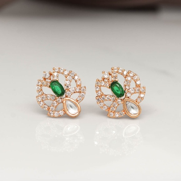 American Diamond Rose Gold Studs in Blue or Green - Picture 2 of 2